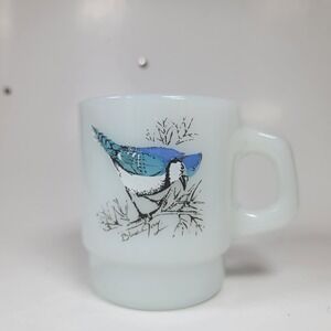 Vtg‎ Anchor Hocking White Milk Glass Bird Mug Baltimore Oriole Blue Bird